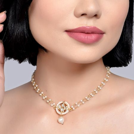 Handcrafted Pearl Bead Double Strand Mirror Choker Necklace